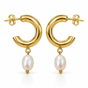Perla hoops med perlevedhæng - guld